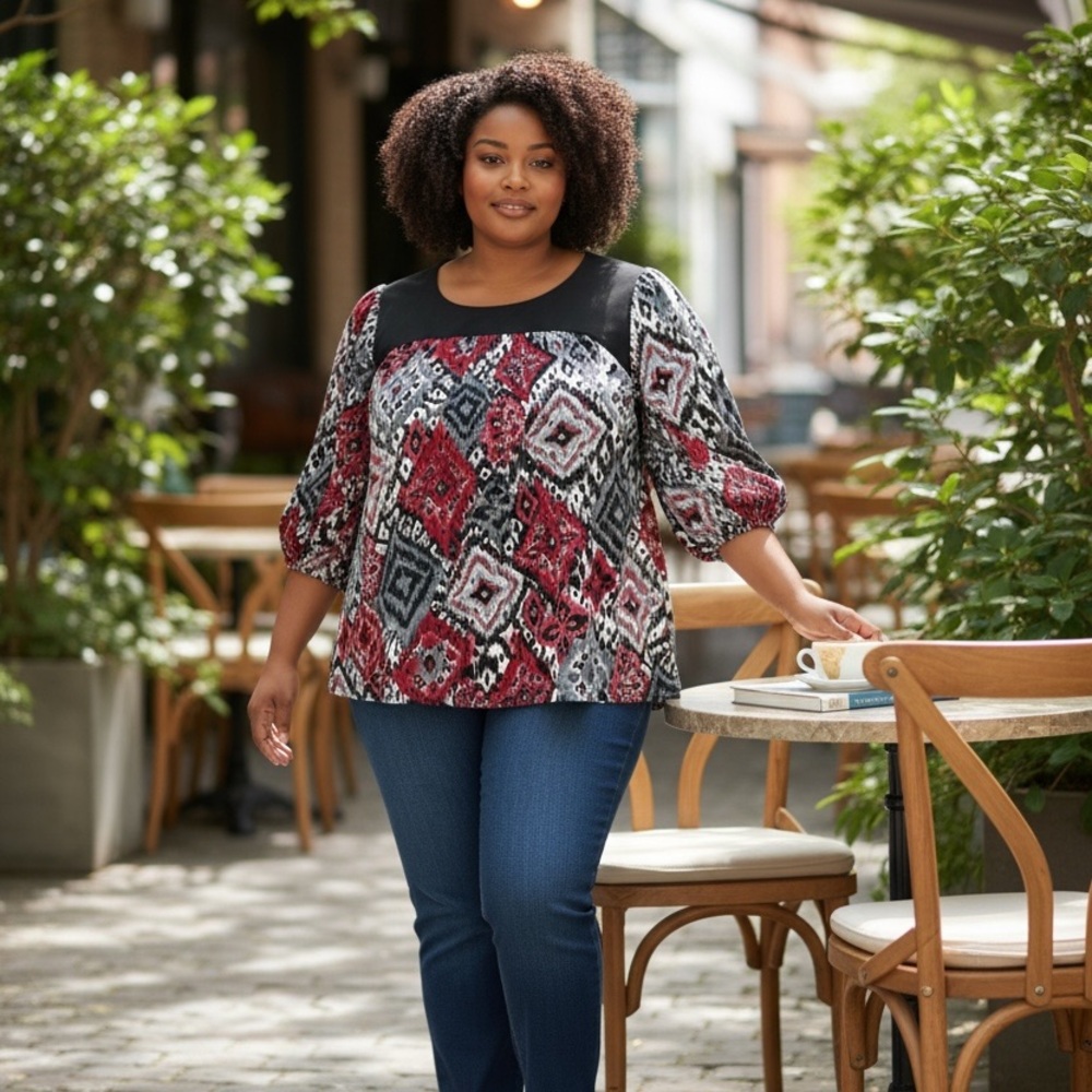 Liz & Me Collection Geometric Plus Size Top - Red, Black, Grey, and White